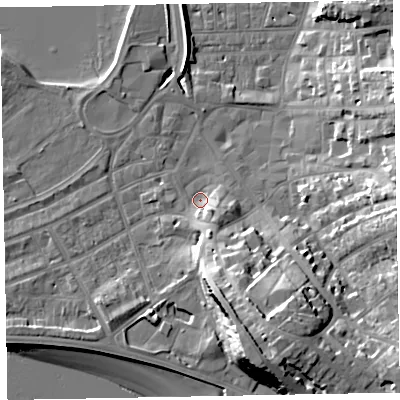 Shaded relief map of the ground around EX81NX, computed from Environment Agency LiDAR. The ground here sits at about 3 m above sea level and falls 23 m across the surrounding 800 m. Surface water reaching this point runs off ground lying to the south-south-east, 7.2 m higher.