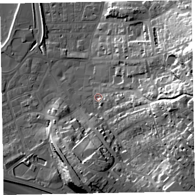 Shaded relief map of the ground around EX81PE, computed from Environment Agency LiDAR. The ground here sits at about 4 m above sea level and falls 39 m across the surrounding 800 m. Surface water reaching this point runs off ground lying to the east, 31.6 m higher.