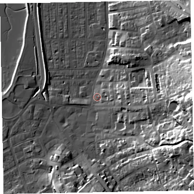 Shaded relief map of the ground around EX81PL, computed from Environment Agency LiDAR. The ground here sits at about 3 m above sea level and falls 37 m across the surrounding 800 m. Surface water reaching this point runs off ground lying to the east, 19.4 m higher.