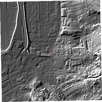 Shaded relief map of the ground around EX81PN, computed from Environment Agency LiDAR. The ground here sits at about 2 m above sea level and falls 35 m across the surrounding 800 m. Surface water reaching this point runs off ground lying to the east, 19.8 m higher.