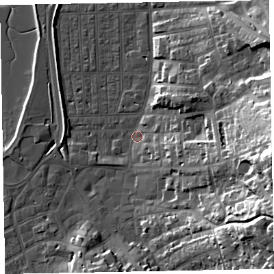 Shaded relief map of the ground around EX81PP, computed from Environment Agency LiDAR. The ground here sits at about 2 m above sea level and falls 37 m across the surrounding 800 m. Surface water reaching this point runs off ground lying to the east-south-east, 26.1 m higher.