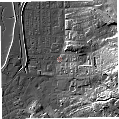 Shaded relief map of the ground around EX81PS, computed from Environment Agency LiDAR. The ground here sits at about 2 m above sea level and falls 38 m across the surrounding 800 m. Surface water reaching this point runs off ground lying to the east-south-east, 22.9 m higher.