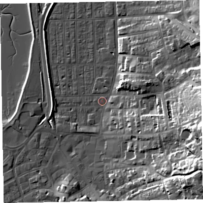 Shaded relief map of the ground around EX81PT, computed from Environment Agency LiDAR. The ground here sits at about 2 m above sea level and falls 35 m across the surrounding 800 m. Surface water reaching this point runs off ground lying to the east-south-east, 26.2 m higher.