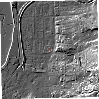 Shaded relief map of the ground around EX81PU, computed from Environment Agency LiDAR. The ground here sits at about 2 m above sea level and falls 37 m across the surrounding 800 m. Surface water reaching this point runs off ground lying to the north, 1.8 m higher.