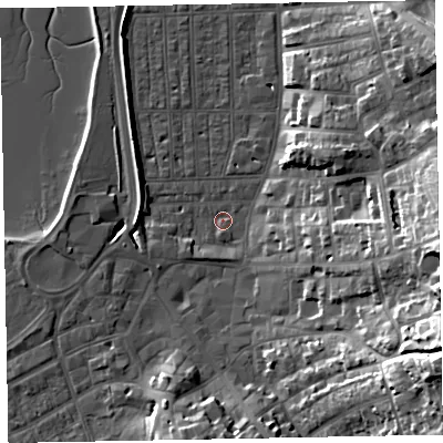 Shaded relief map of the ground around EX81PW, computed from Environment Agency LiDAR. The ground here sits at about 2 m above sea level and falls 33 m across the surrounding 800 m. Surface water reaching this point runs off ground lying to the south, 2.0 m higher.