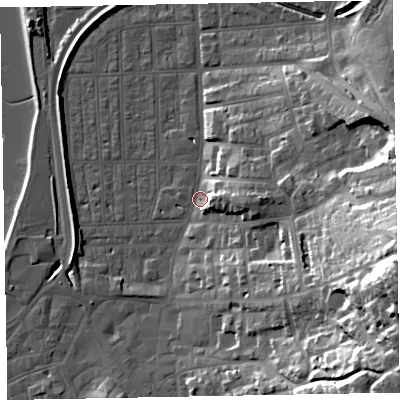Shaded relief map of the ground around EX81PY, computed from Environment Agency LiDAR. The ground here sits at about 2 m above sea level and falls 42 m across the surrounding 800 m. Surface water reaching this point runs off ground lying to the east-south-east, 39.6 m higher.