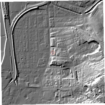 Shaded relief map of the ground around EX81PZ, computed from Environment Agency LiDAR. The ground here sits at about 4 m above sea level and falls 43 m across the surrounding 800 m. Surface water reaching this point runs off ground lying to the east, 28.4 m higher.