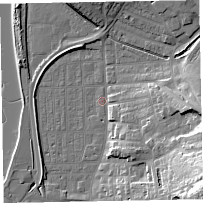 Shaded relief map of the ground around EX81QD, computed from Environment Agency LiDAR. The ground here sits at about 2 m above sea level and falls 41 m across the surrounding 800 m. Surface water reaching this point runs off ground lying to the east, 19.5 m higher.