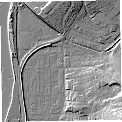 Shaded relief map of the ground around EX81QE, computed from Environment Agency LiDAR. The ground here sits at about 2 m above sea level and falls 34 m across the surrounding 800 m. Surface water reaching this point runs off ground lying to the south-east, 33.0 m higher.
