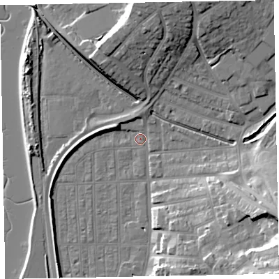 Shaded relief map of the ground around EX81QF, computed from Environment Agency LiDAR. The ground here sits at about 2 m above sea level and falls 26 m across the surrounding 800 m. Surface water reaching this point runs off ground lying to the north, 3.5 m higher.