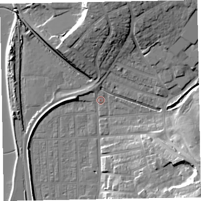 Shaded relief map of the ground around EX81QG, computed from Environment Agency LiDAR. The ground here sits at about 3 m above sea level and falls 28 m across the surrounding 800 m. Surface water reaching this point runs off ground lying to the east-south-east, 17.7 m higher.