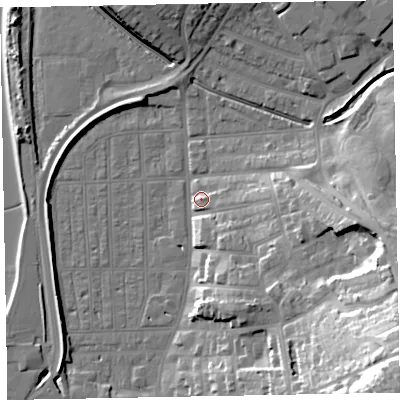 Shaded relief map of the ground around EX81QH, computed from Environment Agency LiDAR. The ground here sits at about 5 m above sea level and falls 43 m across the surrounding 800 m. Surface water reaching this point runs off ground lying to the east-south-east, 24.0 m higher.