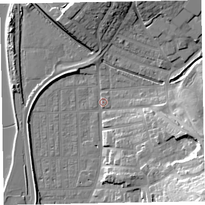 Shaded relief map of the ground around EX81QQ, computed from Environment Agency LiDAR. The ground here sits at about 3 m above sea level and falls 38 m across the surrounding 800 m. Surface water reaching this point runs off ground lying to the east-south-east, 22.4 m higher.