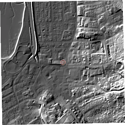 Shaded relief map of the ground around EX81RD, computed from Environment Agency LiDAR. The ground here sits at about 2 m above sea level and falls 35 m across the surrounding 800 m. Surface water reaching this point runs off ground lying to the east-south-east, 32.9 m higher.