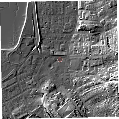 Shaded relief map of the ground around EX81RF, computed from Environment Agency LiDAR. The ground here sits at about 2 m above sea level and falls 33 m across the surrounding 800 m. Surface water reaching this point runs off ground lying to the east-south-east, 31.2 m higher.