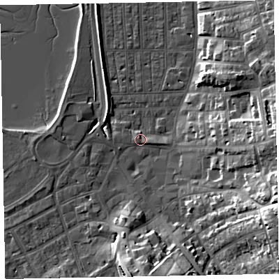 Shaded relief map of the ground around EX81RH, computed from Environment Agency LiDAR. The ground here sits at about 3 m above sea level and falls 26 m across the surrounding 800 m. Surface water reaching this point runs off ground lying to the east-south-east, 24.0 m higher.