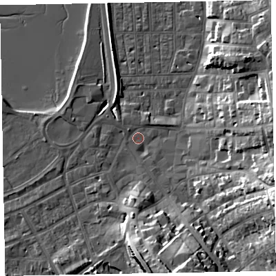 Shaded relief map of the ground around EX81RJ, computed from Environment Agency LiDAR. The ground here sits at about 2 m above sea level and falls 22 m across the surrounding 800 m. Surface water reaching this point runs off ground lying to the east-south-east, 20.7 m higher.