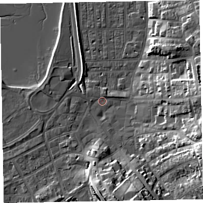 Shaded relief map of the ground around EX81RL, computed from Environment Agency LiDAR. The ground here sits at about 2 m above sea level and falls 24 m across the surrounding 800 m. Surface water reaching this point runs off ground lying to the east-south-east, 21.9 m higher.