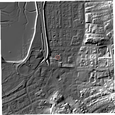 Shaded relief map of the ground around EX81RP, computed from Environment Agency LiDAR. The ground here sits at about 2 m above sea level and falls 23 m across the surrounding 800 m. Surface water reaching this point runs off ground lying to the south-east, 23.1 m higher.