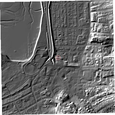 Shaded relief map of the ground around EX81RR, computed from Environment Agency LiDAR. The ground here sits at about 2 m above sea level and falls 18 m across the surrounding 800 m. Surface water reaching this point runs off ground lying to the south-east, 18.3 m higher.