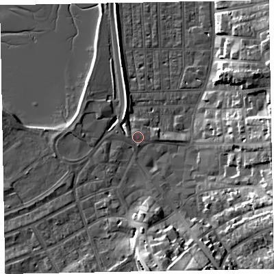 Shaded relief map of the ground around EX81RS, computed from Environment Agency LiDAR. The ground here sits at about 3 m above sea level and falls 18 m across the surrounding 800 m. Surface water reaching this point runs off ground lying to the east-south-east, 16.6 m higher.