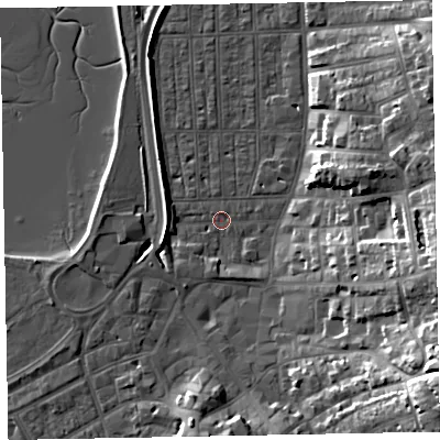 Shaded relief map of the ground around EX81RT, computed from Environment Agency LiDAR. The ground here sits at about 2 m above sea level and falls 26 m across the surrounding 800 m. Surface water reaching this point runs off ground lying to the south-east, 26.2 m higher.