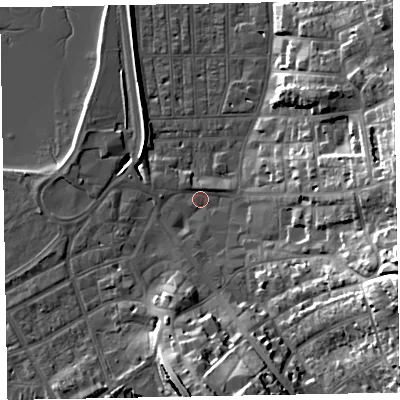 Shaded relief map of the ground around EX81RW, computed from Environment Agency LiDAR. The ground here sits at about 2 m above sea level and falls 29 m across the surrounding 800 m. Surface water reaching this point runs off ground lying to the east-south-east, 27.4 m higher.