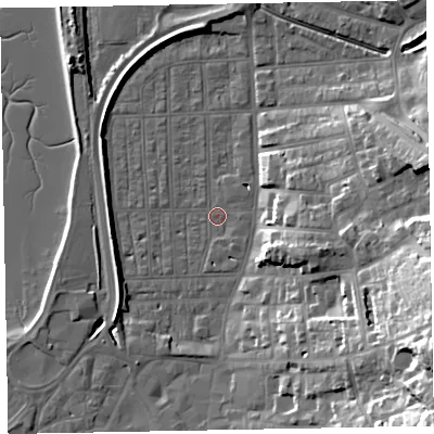 Shaded relief map of the ground around EX81RY, computed from Environment Agency LiDAR. The ground here sits at about 2 m above sea level and falls 32 m across the surrounding 800 m. Surface water reaching this point runs off ground lying to the south-west, 1.9 m higher.