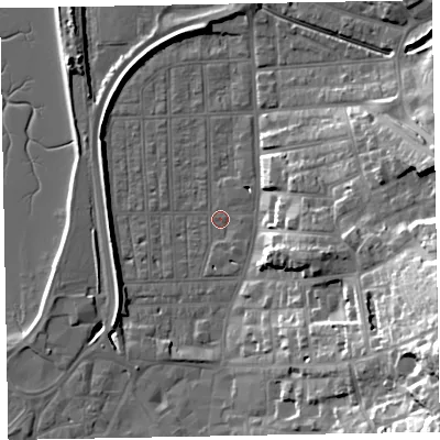 Shaded relief map of the ground around EX81RZ, computed from Environment Agency LiDAR. The ground here sits at about 2 m above sea level and falls 33 m across the surrounding 800 m. Surface water reaching this point runs off ground lying to the south-west, 1.9 m higher.
