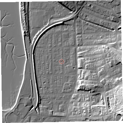 Shaded relief map of the ground around EX81SA, computed from Environment Agency LiDAR. The ground here sits at about 1 m above sea level and falls 29 m across the surrounding 800 m. Surface water reaching this point runs off ground lying to the south-west, 4.8 m higher.
