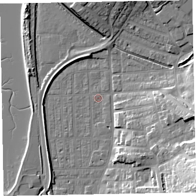 Shaded relief map of the ground around EX81SB, computed from Environment Agency LiDAR. The ground here sits at about 2 m above sea level and falls 30 m across the surrounding 800 m. Surface water reaching this point runs off ground lying to the south-east, 29.7 m higher.