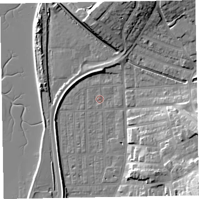 Shaded relief map of the ground around EX81SD, computed from Environment Agency LiDAR. The ground here sits at about 2 m above sea level and falls 23 m across the surrounding 800 m. Surface water reaching this point runs off ground lying to the south-east, 22.7 m higher.