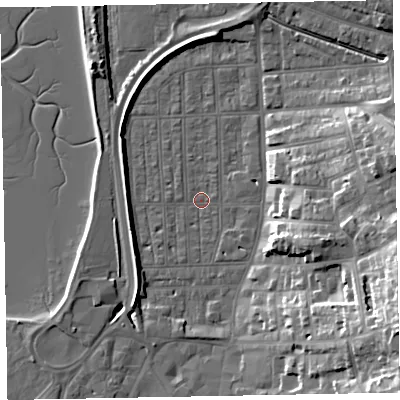 Shaded relief map of the ground around EX81SH, computed from Environment Agency LiDAR. The ground here sits at about 2 m above sea level and falls 24 m across the surrounding 800 m. Surface water reaching this point runs off ground lying to the south-west, 4.8 m higher.