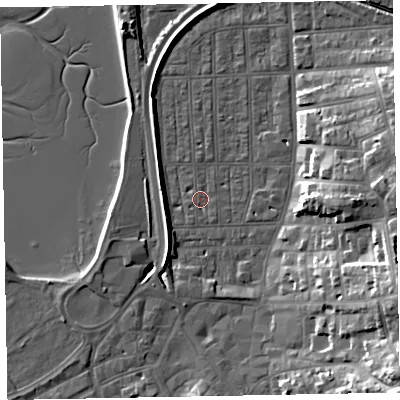Shaded relief map of the ground around EX81SL, computed from Environment Agency LiDAR. The ground here sits at about 2 m above sea level and falls 23 m across the surrounding 800 m. Surface water reaching this point runs off ground lying to the south-east, 1.0 m higher.