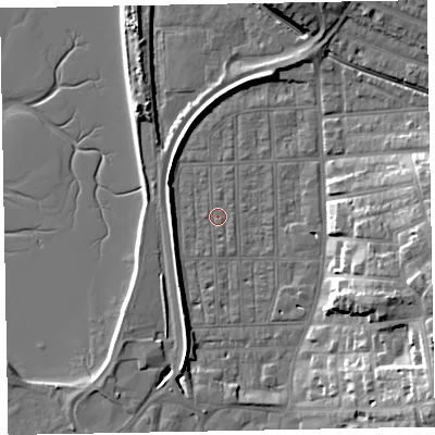 Shaded relief map of the ground around EX81SN, computed from Environment Agency LiDAR. The ground here sits at about 2 m above sea level and falls 17 m across the surrounding 800 m. Surface water reaching this point runs off ground lying to the south-south-west, 4.8 m higher.