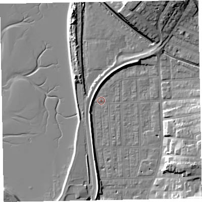 Shaded relief map of the ground around EX81SP, computed from Environment Agency LiDAR. The ground here sits at about 2 m above sea level and falls 15 m across the surrounding 800 m. Surface water reaching this point runs off ground lying to the south-south-west, 4.3 m higher.