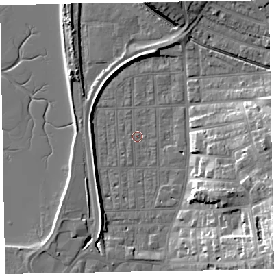 Shaded relief map of the ground around EX81SQ, computed from Environment Agency LiDAR. The ground here sits at about 2 m above sea level and falls 21 m across the surrounding 800 m. Surface water reaching this point runs off ground lying to the south-south-west, 4.8 m higher.