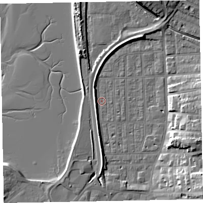 Shaded relief map of the ground around EX81SR, computed from Environment Agency LiDAR. The ground here sits at about 2 m above sea level and falls 15 m across the surrounding 800 m. Surface water reaching this point runs off ground lying to the south, 4.8 m higher.