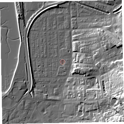Shaded relief map of the ground around EX81ST, computed from Environment Agency LiDAR. The ground here sits at about 2 m above sea level and falls 35 m across the surrounding 800 m. Surface water reaching this point runs off ground lying to the south-west, 4.5 m higher.