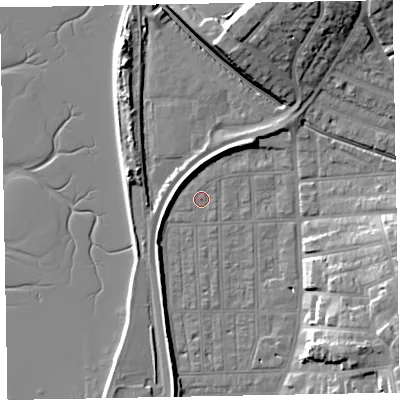 Shaded relief map of the ground around EX81SW, computed from Environment Agency LiDAR. The ground here sits at about 1 m above sea level and falls 18 m across the surrounding 800 m. Surface water reaching this point runs off ground lying to the south-west, 4.3 m higher.