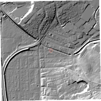Shaded relief map of the ground around EX81TE, computed from Environment Agency LiDAR. The ground here sits at about 3 m above sea level and falls 33 m across the surrounding 800 m. Surface water reaching this point runs off ground lying to the south-east, 17.5 m higher.
