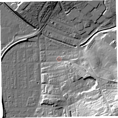 Shaded relief map of the ground around EX81TF, computed from Environment Agency LiDAR. The ground here sits at about 5 m above sea level and falls 46 m across the surrounding 800 m. Surface water reaching this point runs off ground lying to the east-south-east, 15.5 m higher.