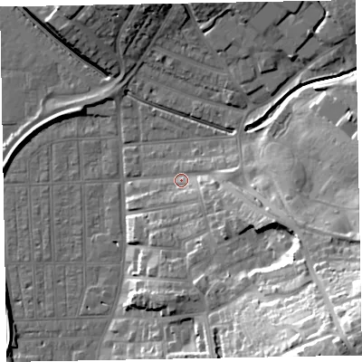 Shaded relief map of the ground around EX81TG, computed from Environment Agency LiDAR. The ground here sits at about 6 m above sea level and falls 46 m across the surrounding 800 m. Surface water reaching this point runs off ground lying to the east-south-east, 15.5 m higher.