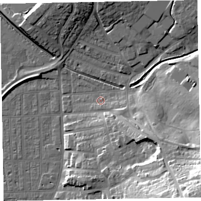 Shaded relief map of the ground around EX81TH, computed from Environment Agency LiDAR. The ground here sits at about 4 m above sea level and falls 46 m across the surrounding 800 m. Surface water reaching this point runs off ground lying to the south-east, 3.6 m higher.