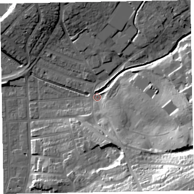 Shaded relief map of the ground around EX81TJ, computed from Environment Agency LiDAR. The ground here sits at about 5 m above sea level and falls 51 m across the surrounding 800 m. Surface water reaching this point runs off ground lying to the south-east, 48.4 m higher.