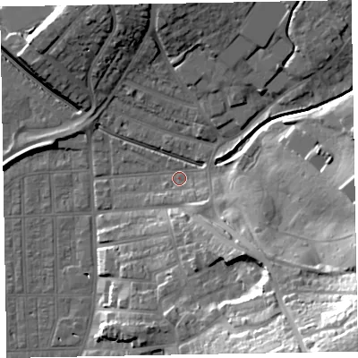 Shaded relief map of the ground around EX81TL, computed from Environment Agency LiDAR. The ground here sits at about 4 m above sea level and falls 47 m across the surrounding 800 m. Surface water reaching this point runs off ground lying to the south-east, 20.7 m higher.