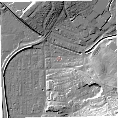 Shaded relief map of the ground around EX81TN, computed from Environment Agency LiDAR. The ground here sits at about 3 m above sea level and falls 42 m across the surrounding 800 m. Surface water reaching this point runs off ground lying to the south-east, 21.6 m higher.