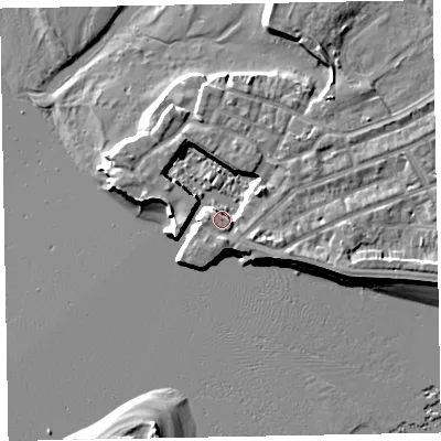 Shaded relief map of the ground around EX81XA, computed from Environment Agency LiDAR. The ground here sits at about 4 m above sea level and falls 7 m across the surrounding 800 m. Surface water reaching this point runs off ground lying to the south-south-east, 5.7 m higher.