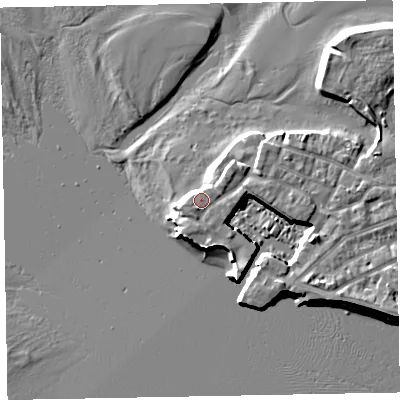 Shaded relief map of the ground around EX81XL, computed from Environment Agency LiDAR. The ground here sits at about 4 m above sea level and falls 7 m across the surrounding 800 m. Surface water reaching this point runs off ground lying to the south-south-west, 0.9 m higher.