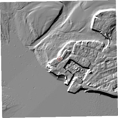 Shaded relief map of the ground around EX81XN, computed from Environment Agency LiDAR. The ground here sits at about 4 m above sea level and falls 7 m across the surrounding 800 m. Surface water reaching this point runs off ground lying to the south-west, 1.0 m higher.